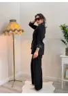 Siyah Pens Detaylı Blazer Ceket ve Geniş Paça Takım