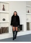 Dik Yaka Kısa Astarlı Peluş Ceket Siyah