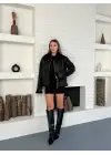 Retro Desen Tay Tüy Peluş Mont Ceket Full Siyah