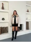 Retro Desen Tay Tüy Peluş Mont Ceket Full Siyah