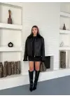 Retro Desen Tay Tüy Peluş Mont Ceket Full Siyah