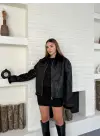 Retro Desen Tay Tüy Peluş Mont Ceket Full Siyah
