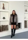 Retro Desen Tay Tüy Peluş Mont Ceket Füme