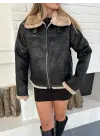 Retro Desen Tay Tüy Peluş Mont Ceket Siyah-Bej