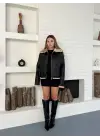 Retro Desen Tay Tüy Peluş Mont Ceket Siyah-Bej