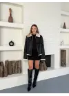 Retro Desen Tay Tüy Peluş Mont Ceket Siyah-Beyaz