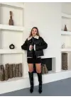 Retro Desen Tay Tüy Peluş Mont Ceket Siyah-Beyaz
