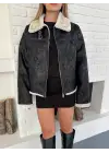 Retro Desen Tay Tüy Peluş Mont Ceket Siyah-Beyaz