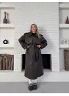 Suni Deri Uzun Kuşaklı Trenç Kahverengi