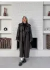 Suni Deri Uzun Kuşaklı Trenç Kahverengi