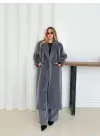 Yumuşak Kaşmir Dokulu Maskülen Maxi Kaban Gri