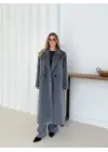 Yumuşak Kaşmir Dokulu Maskülen Maxi Kaban Gri