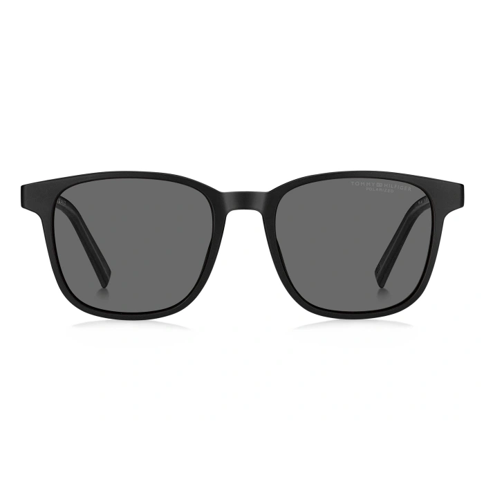 Tommy Hilfiger Erkek Güneş Gözlüğü - Dikdörtgen Siyah Plastik Çerçeve Gri Polarize Cam, %100 UV Koruma 2202/S