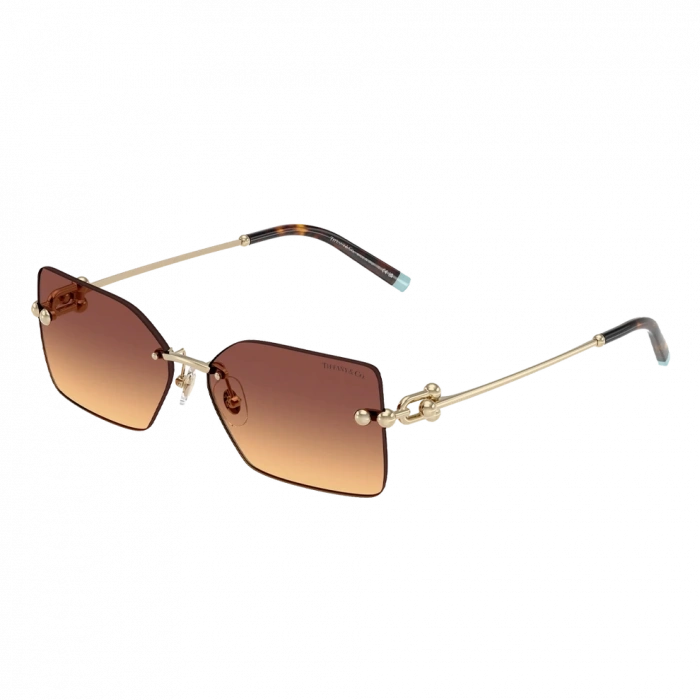 Tiffany & Co. Kadın Güneş Gözlüğü - Dikdörtgen Altın Metal Çerçeve Kahverengi Degrade Cam %100 UV Koruma 0TF3088
