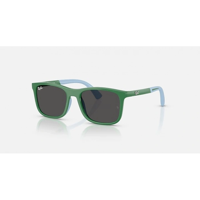 Ray-Ban Junior Unisex Güneş Gözlüğü - Kare Kauçuk Üzerine Yeşil Açık Mavi Kemik Çerçeve Koyu Gri Cam %100 UV Koruma 0RJ9084S