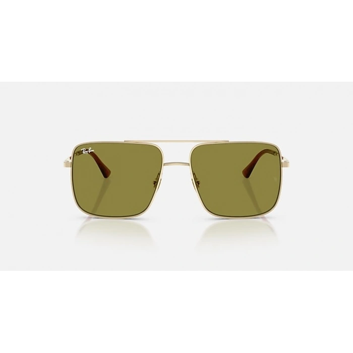 Ray-Ban Unisex Güneş Gözlüğü - Kare Soluk Altın Renk Metal Çerçeve Yeşil Cam %100 UV Koruma 0RB3758
