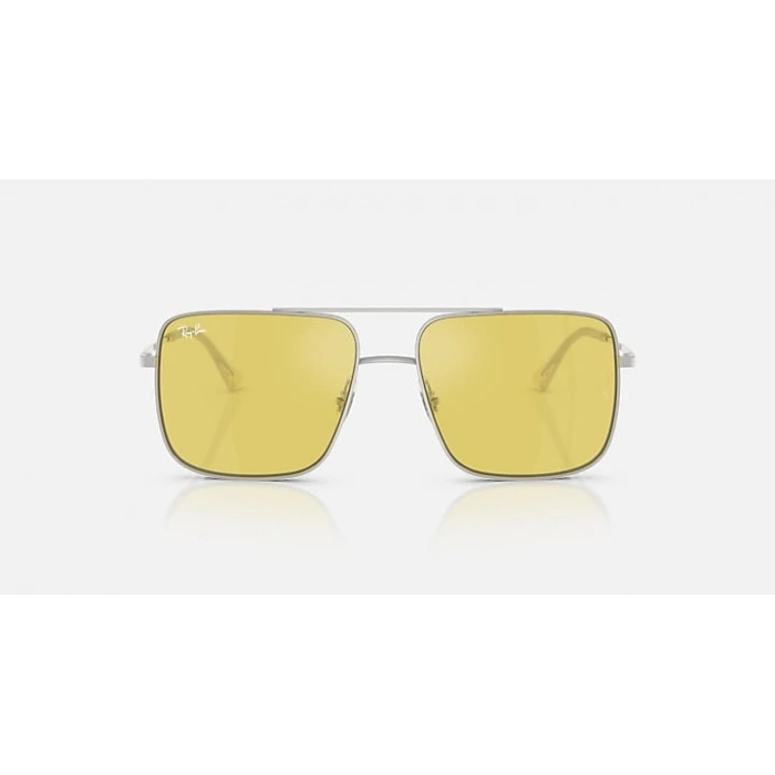 Ray-Ban Unisex Güneş Gözlüğü - Kare Gümüş Metal Çerçeve Sarı Cam Aynalı %100 UV Koruma 0RB3758