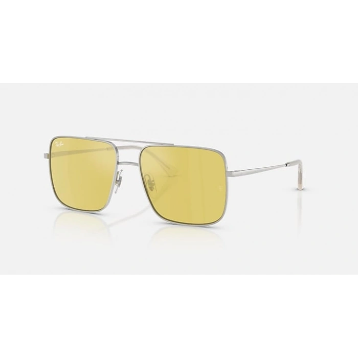 Ray-Ban Unisex Güneş Gözlüğü - Kare Gümüş Metal Çerçeve Sarı Cam Aynalı %100 UV Koruma 0RB3758