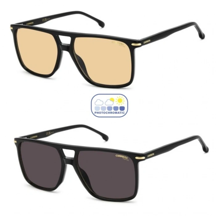 Carrera Erkek Güneş Gözlüğü - Kare Parlak Siyah Kemik Çerçeve Açık Kahverengi Fotokromik Cam %100 UV Koruma 366/S 807Q6 59