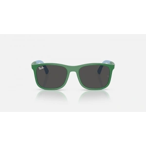 Ray-Ban Junior Unisex Güneş Gözlüğü - Kare Kauçuk Üzerine Yeşil Açık Mavi Kemik Çerçeve Koyu Gri Cam %100 UV Koruma 0RJ9084S