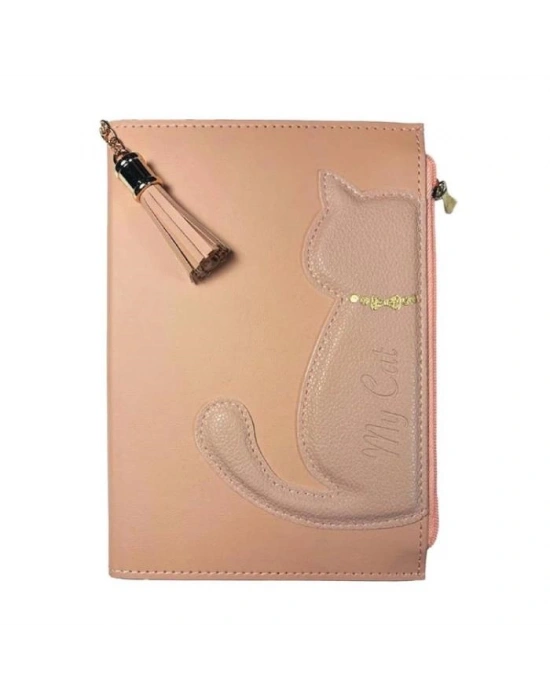VJ KEDİLİ GEÇMELİ VEGAN KAPAKLI DEFTER 13x18 CM. 100 GR. 160 SAY. CEPLİ FERMUARLI PEMBE