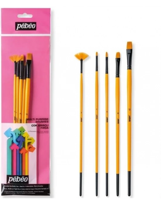 5Lİ FIRÇA SETİ - BEYAZ BRISTEL KIL - UZUN SAP NO: 2, 6, 8, 12 + YELPAZE FIRÇA NO.2