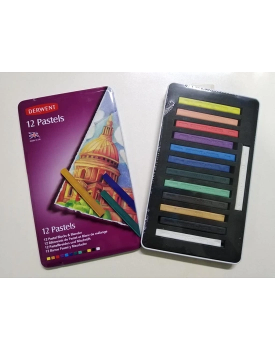 Derwent Pastels Yarı Sert Pastel Blok 12li Teneke Kutu + Blending White