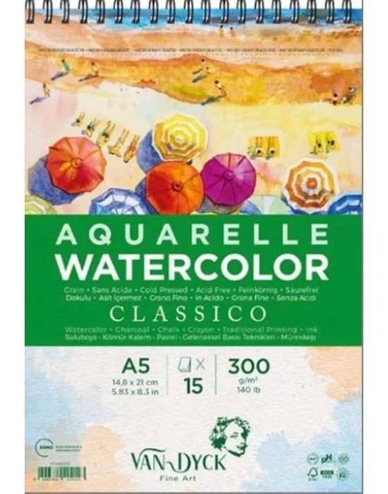 ESMO VAN DYCK CLASSİCO DOKULU COLDPRESS A5 ÜSTTEN SPİRALLİ 15 YP SULUBOYA BLOK