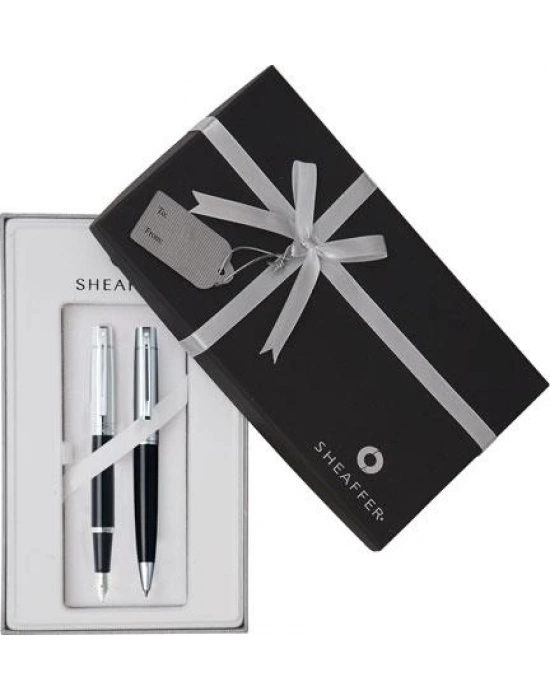 SHEAFFER 9314 300 SERİSİ DOLMA TÜKENMEZ KALEM SET SİYAH KROM DEFTER HEDİYELİ
