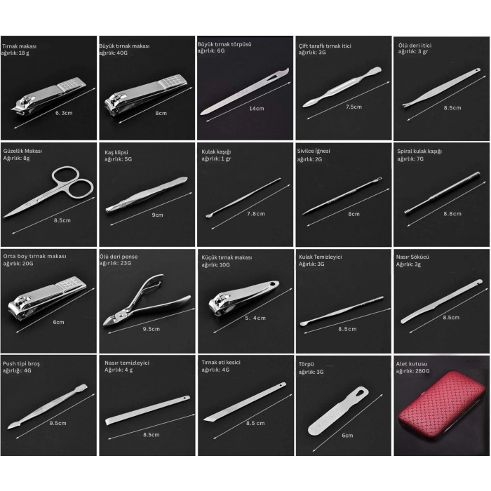 EtaShop 19 Parça Manikür Pedikür Seti Paslanmaz Çelik El Ayak ve Yüz Tırnak Bakım Çantası