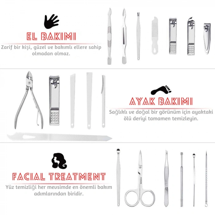 EtaShop 19 Parça Manikür Pedikür Seti Paslanmaz Çelik El Ayak ve Yüz Tırnak Bakım Çantası