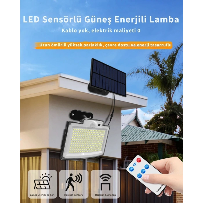 EtaShop 228 LED Güneş Enerjili Sensörlü Dış Mekan Lamba Uzaktan Kumandalı IP65 Projektör Bahçem Garaj Güvenlik Aydınlatması