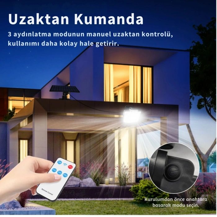 EtaShop 228 LED Güneş Enerjili Sensörlü Dış Mekan Lamba Uzaktan Kumandalı IP65 Projektör Bahçem Garaj Güvenlik Aydınlatması