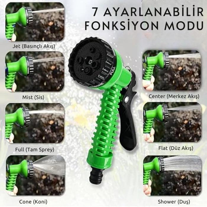 EtaShop 60 Metre Uzayan Bahçe Sulama Hortumu Seti 7 Fonksiyonlu Ayarlanabilir Su Tabancalı Sızdırmaz Esnek Hortum Yeşil