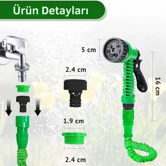 EtaShop 60 Metre Uzayan Bahçe Sulama Hortumu Seti 7 Fonksiyonlu Ayarlanabilir Su Tabancalı Sızdırmaz Esnek Hortum Yeşil