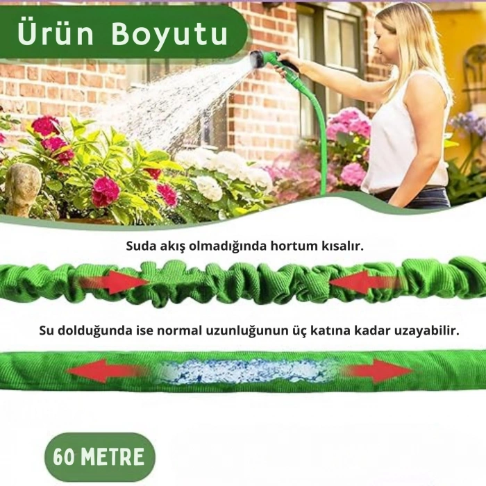 EtaShop 60 Metre Uzayan Bahçe Sulama Hortumu Seti 7 Fonksiyonlu Ayarlanabilir Su Tabancalı Sızdırmaz Esnek Hortum Mavi