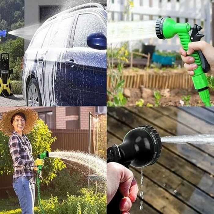 EtaShop 60 Metre Uzayan Bahçe Sulama Hortumu Seti 7 Fonksiyonlu Ayarlanabilir Su Tabancalı Sızdırmaz Esnek Hortum Yeşil
