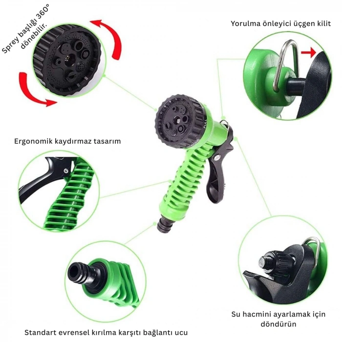 EtaShop 60 Metre Uzayan Bahçe Sulama Hortumu Seti 7 Fonksiyonlu Ayarlanabilir Su Tabancalı Sızdırmaz Esnek Hortum Yeşil