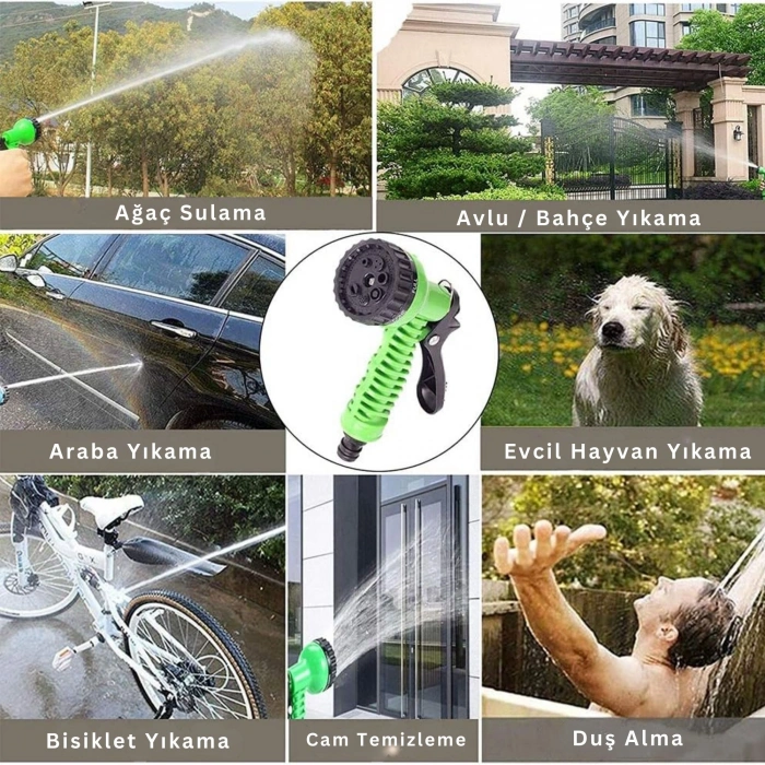 EtaShop 60 Metre Uzayan Bahçe Sulama Hortumu Seti 7 Fonksiyonlu Ayarlanabilir Su Tabancalı Sızdırmaz Esnek Hortum Yeşil