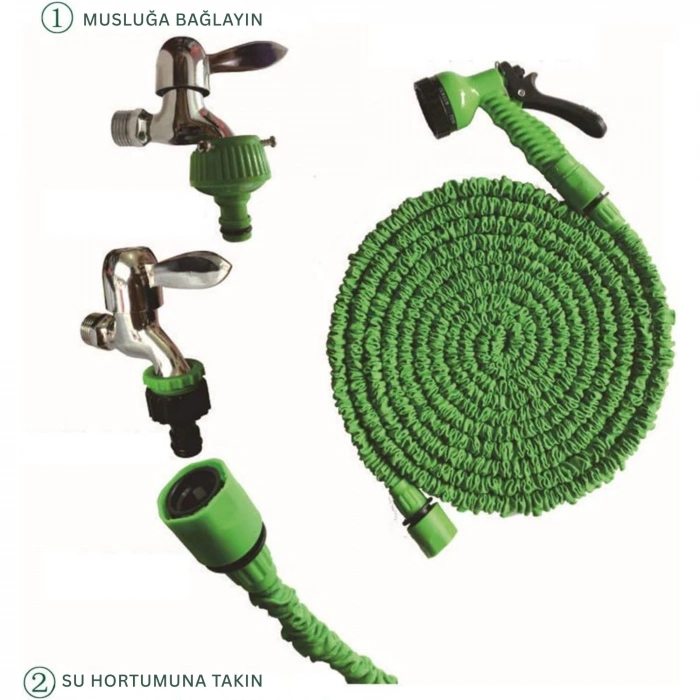 EtaShop 60 Metre Uzayan Bahçe Sulama Hortumu Seti 7 Fonksiyonlu Ayarlanabilir Su Tabancalı Sızdırmaz Esnek Hortum Yeşil