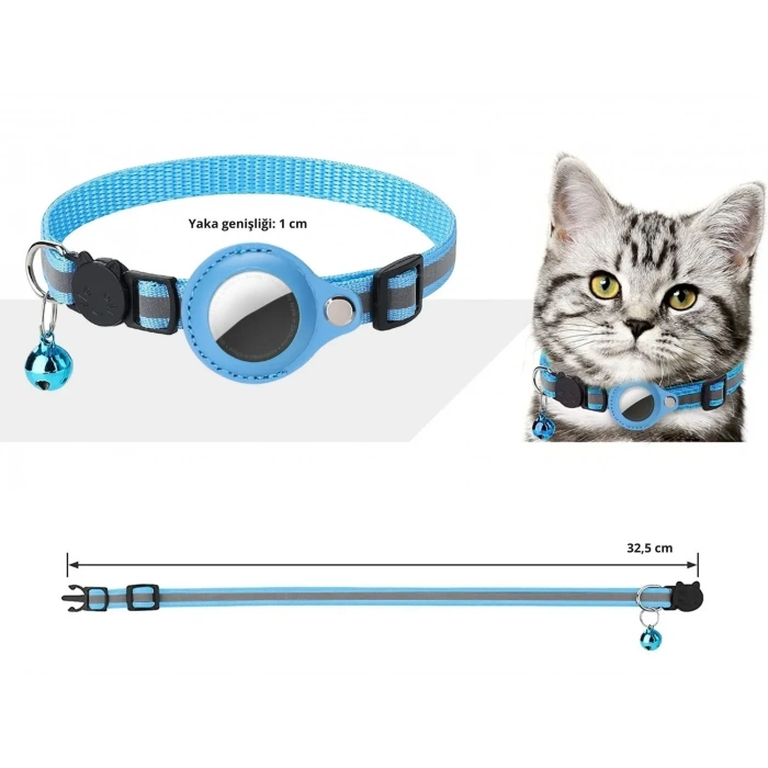EtaShop AirTag Uyumlu Reflektif Kedi Tasması Zilli Ayarlanabilir Kedi Boyun Tasması 22-32 cm Mavi