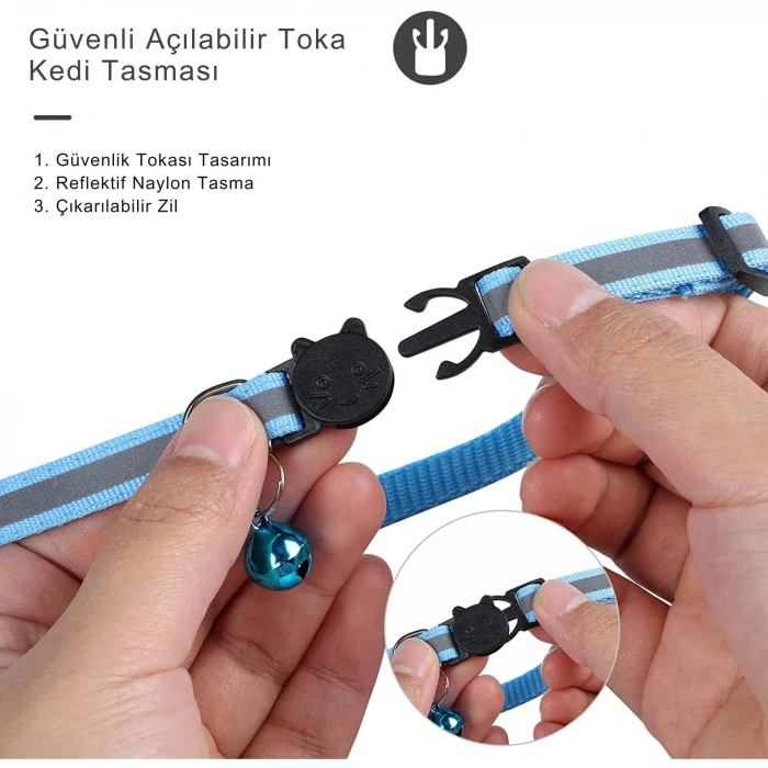 EtaShop AirTag Uyumlu Reflektif Kedi Tasması Zilli Ayarlanabilir Kedi Boyun Tasması 22-32 cm Mavi