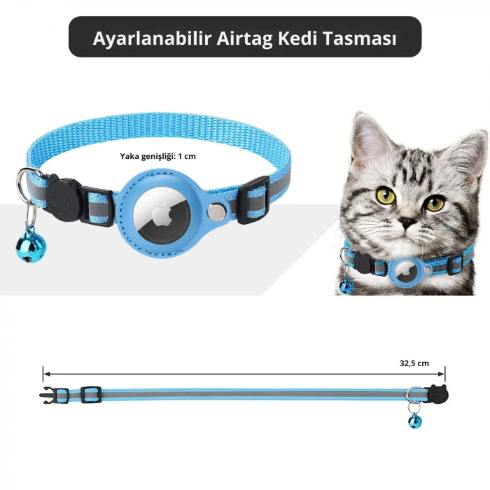 EtaShop AirTag Uyumlu Reflektif Kedi Tasması Zilli Ayarlanabilir Kedi Boyun Tasması 22-32 cm Pembe