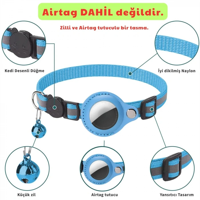 EtaShop AirTag Uyumlu Reflektif Kedi Tasması Zilli Ayarlanabilir Kedi Boyun Tasması 22-32 cm Siyah