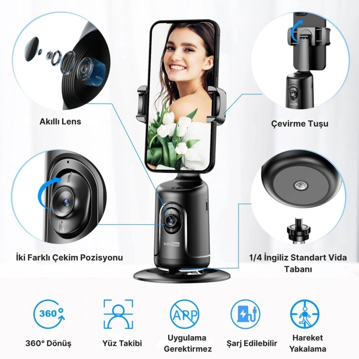 EtaShop Akıllı 360° Yüz Takipli Telefon Gimbal Standı Otomatik Döner Tripod Başlığı, Şarjlı Vlog LIVE Tutucu