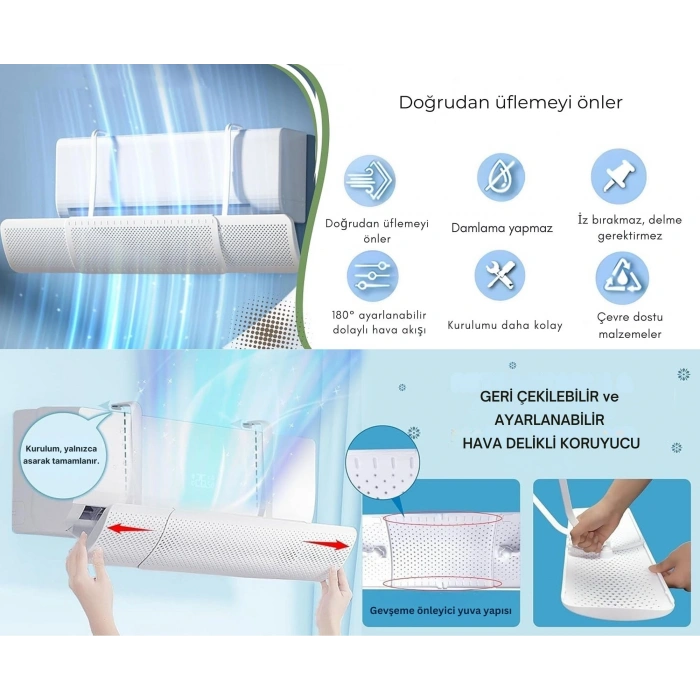 EtaShop Ayarlanabilir Delikli Klima Hava Yönlendirici Universal Split Klima Rüzgar Perdesi, Klima Çarpması Önleyici 60 90 cm