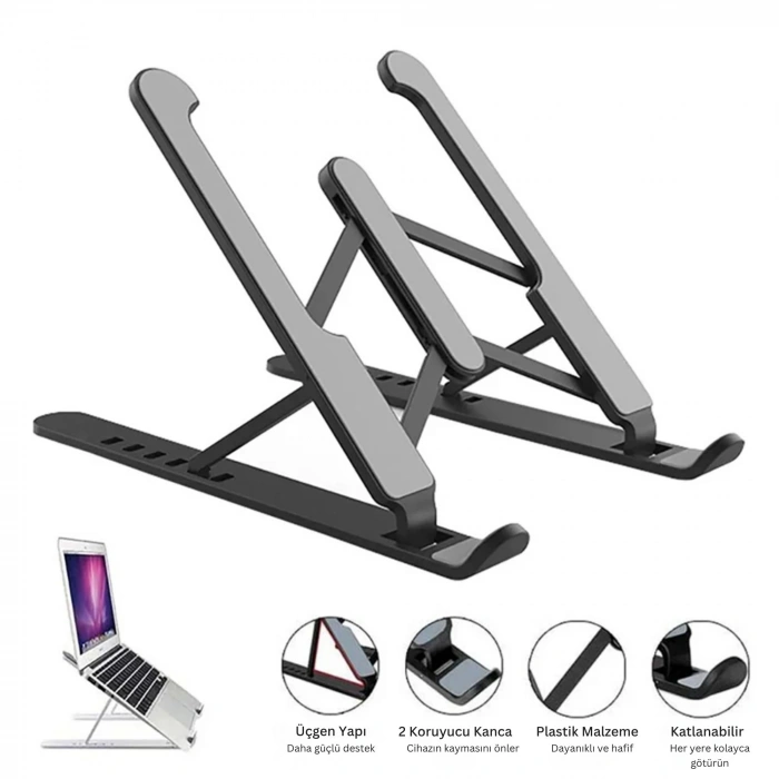 EtaShop Katlanabilir Ergonomik Laptop Standı  9,15.6Notebook Tablet Uyumlu  Ayarlanabilir Yükseklik Siyah