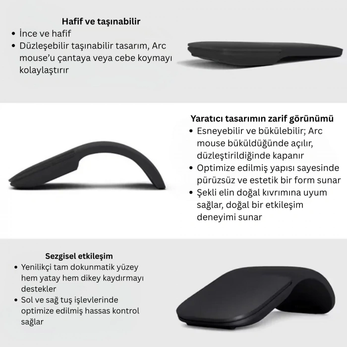 EtaShop Katlanabilir Kablosuz 2.4G Arc Mouse Sessiz Dokunmatik 1000 DPI Taşınabilir Ergonomik Fare