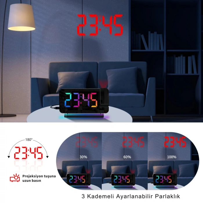 EtaShop RGB Projeksiyonlu Çalar Saat -7Ayna LED Dijital Saat Tavana Zaman Yansıtma USB & Type C Şarj RGB Atmosfer Gece Lambası Siyah