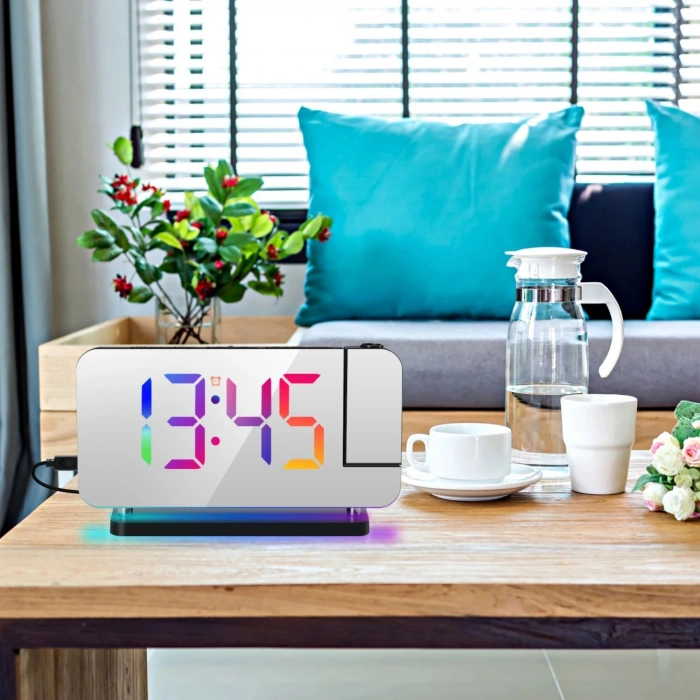 EtaShop RGB Projeksiyonlu Çalar Saat -7Ayna LED Dijital Saat Tavana Zaman Yansıtma USB & Type C Şarj RGB Atmosfer Gece Lambası Beyaz